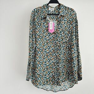 OMIKA Blouse Womens XL Floral Handmade Mod Boho Indian Print Button Up Shirt